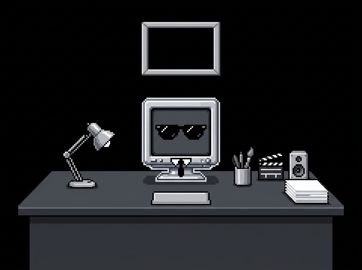 A desk with a computer wearing sunglasses and a tie, a lamp, brushes, a clapperboard and a speaker